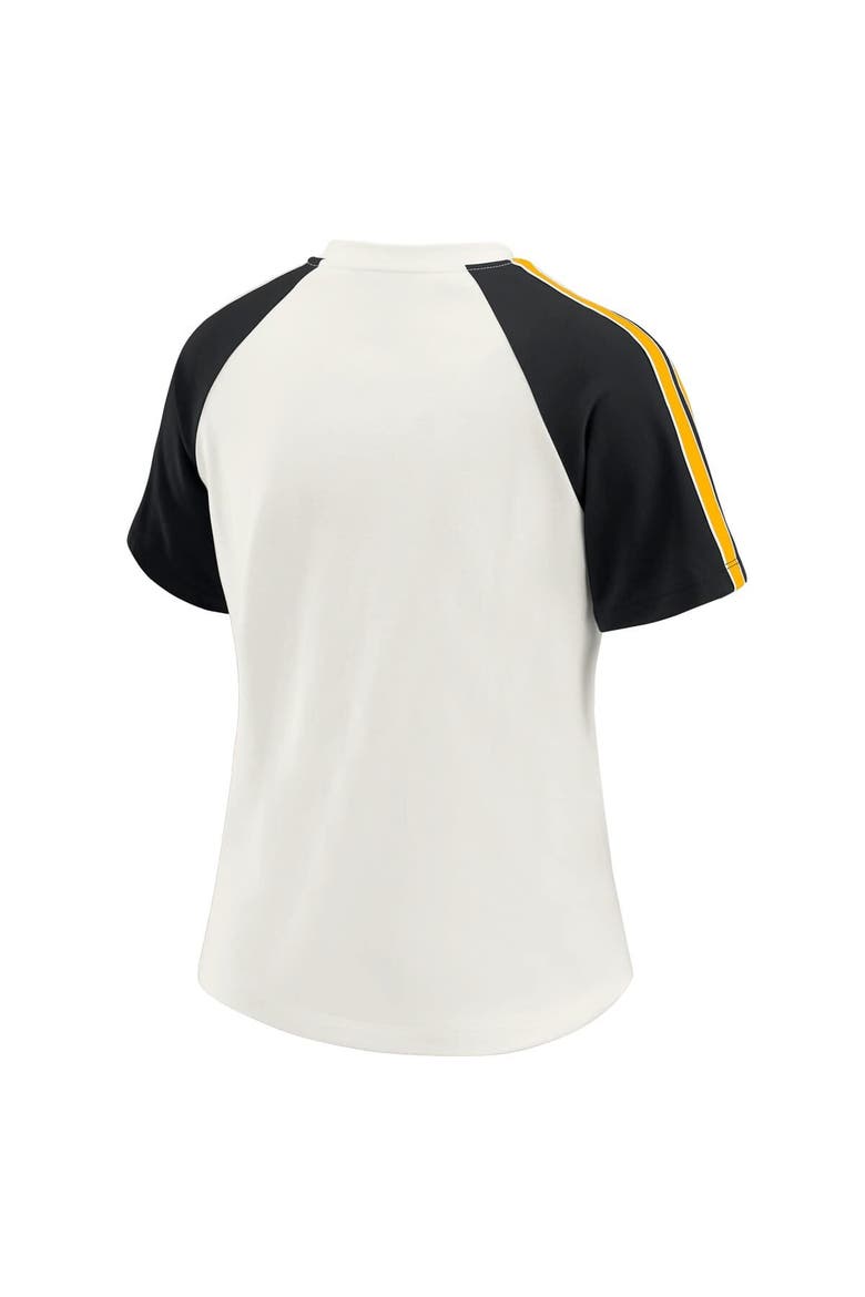 Women's WEAR by Erin Andrews White Pittsburgh Steelers Sleeve Stripe Distressed Raglan T-Shirt, Alternate, color, White