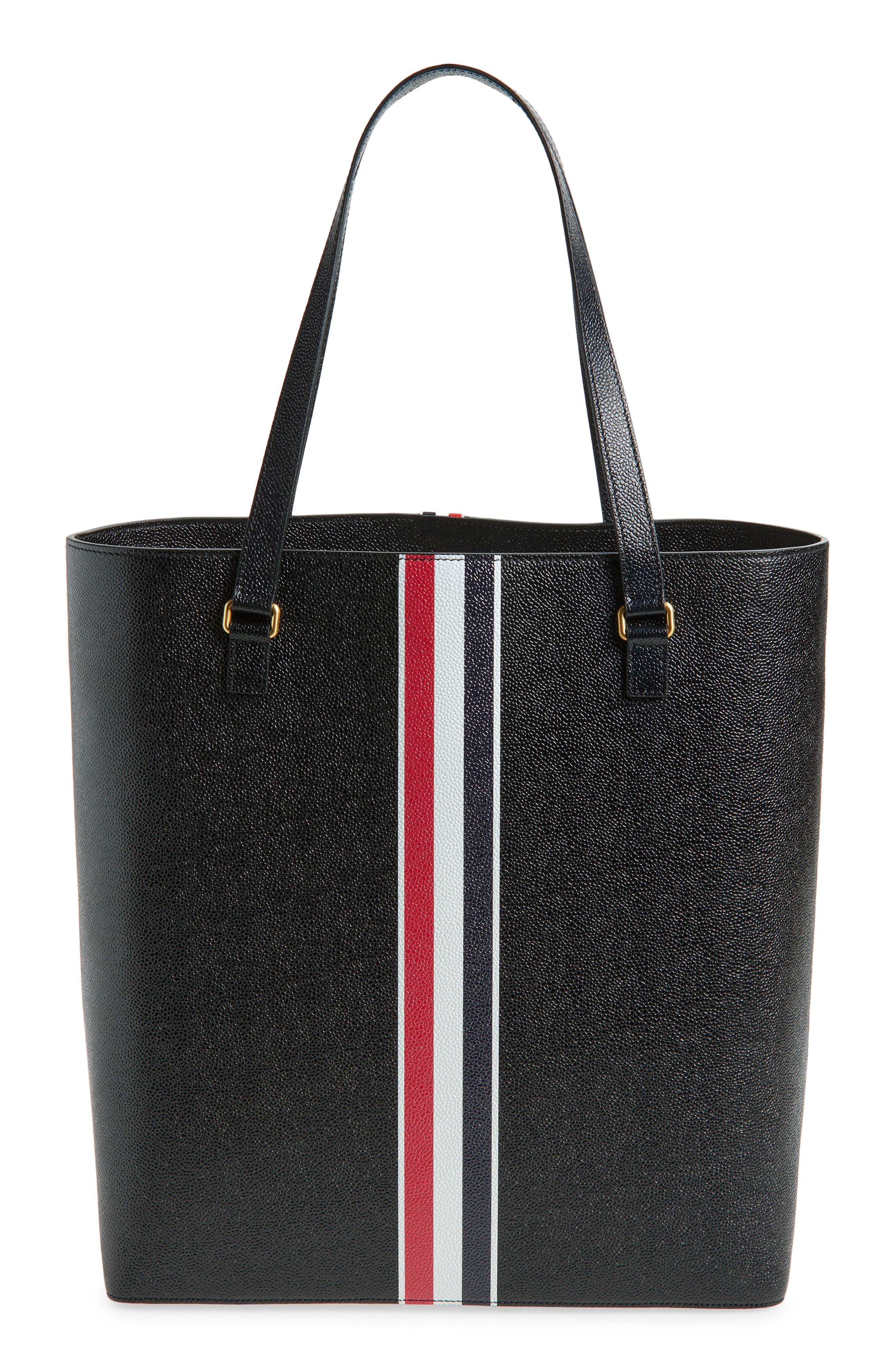 Thom Browne Vertical RWB Stripe Leather Tote, Alternate, color, Black