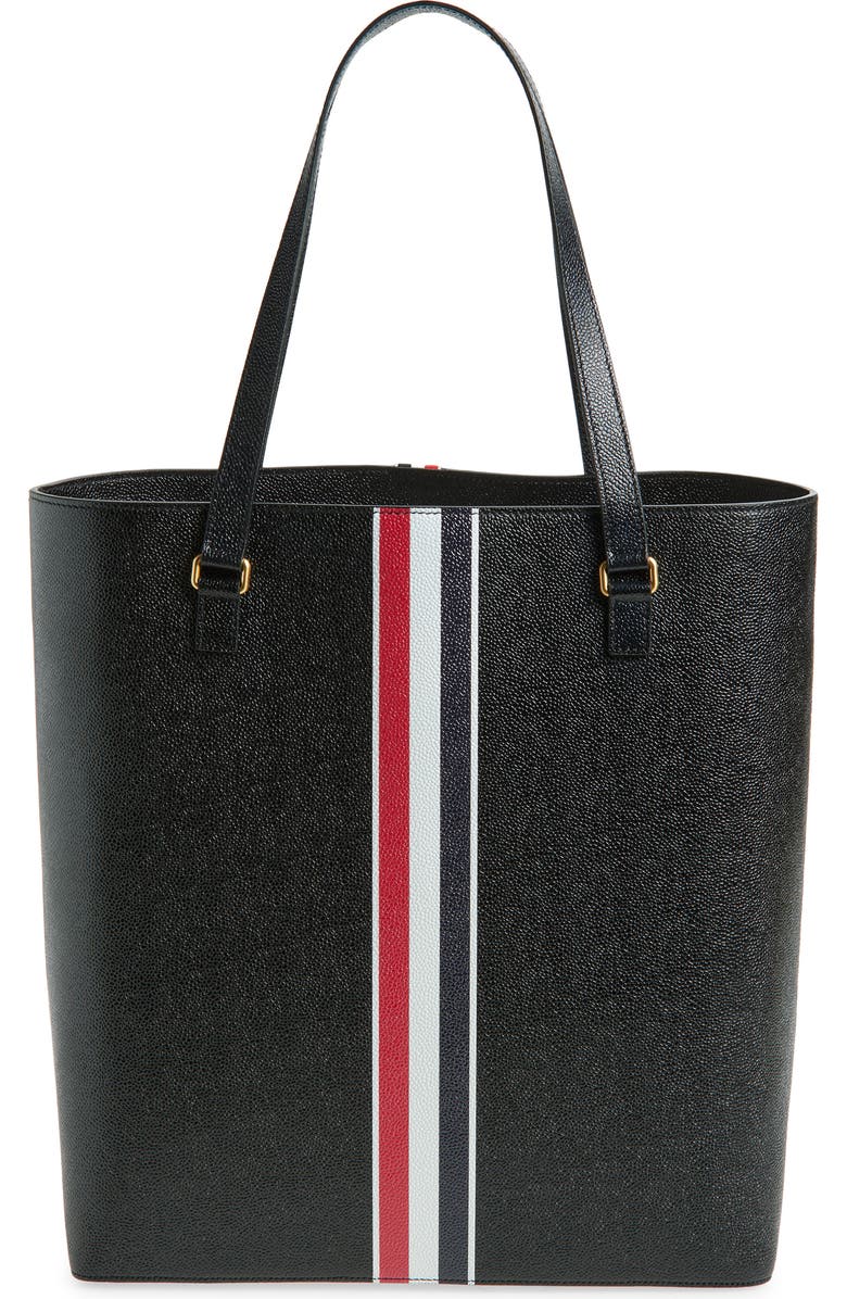 Thom Browne Vertical RWB Stripe Leather Tote, Alternate, color, Black