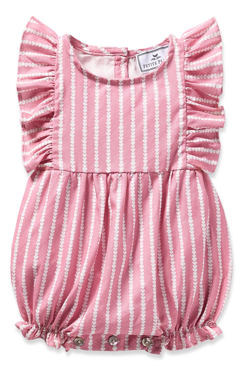 Petite Plume Heart Stripe Ruffle Twill Bubble Romper, Main, color, 