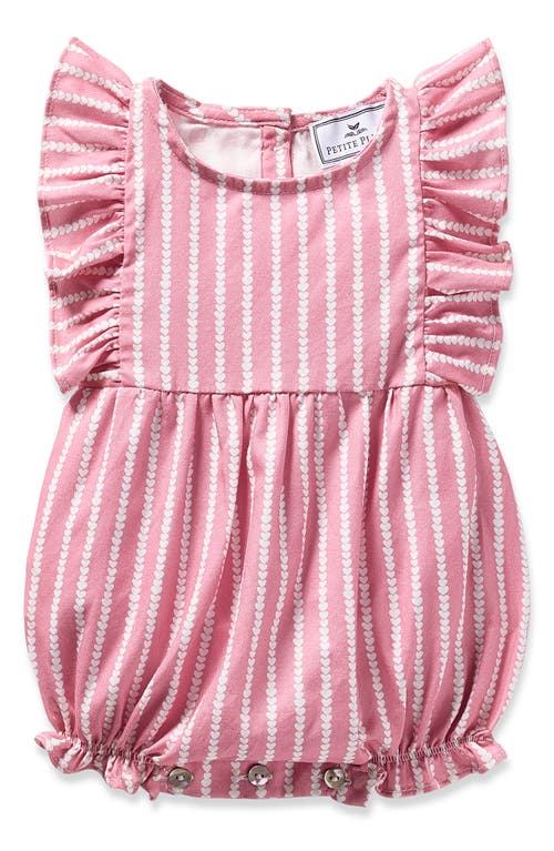 Petite Plume Heart Stripe Ruffle Twill Bubble Romper In Pink