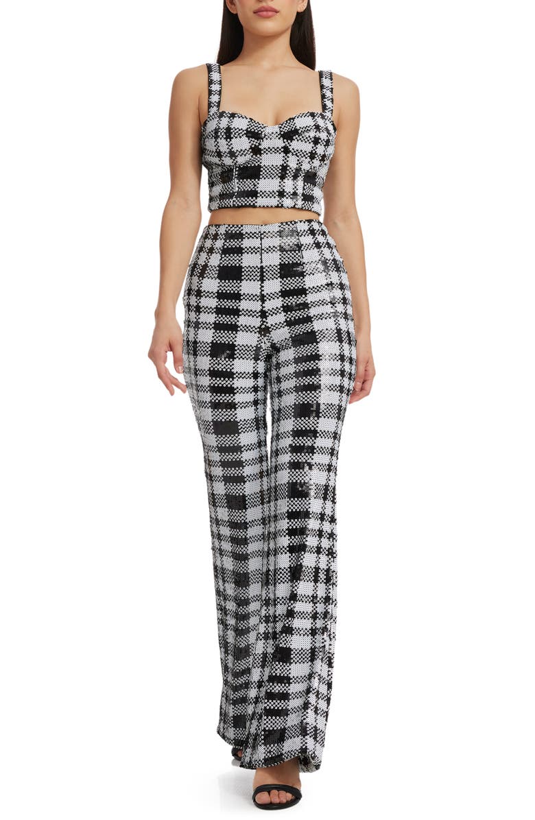 Dress the Population Jackson Plaid Bustier Crop Top & Pants, Main, color, Black-White