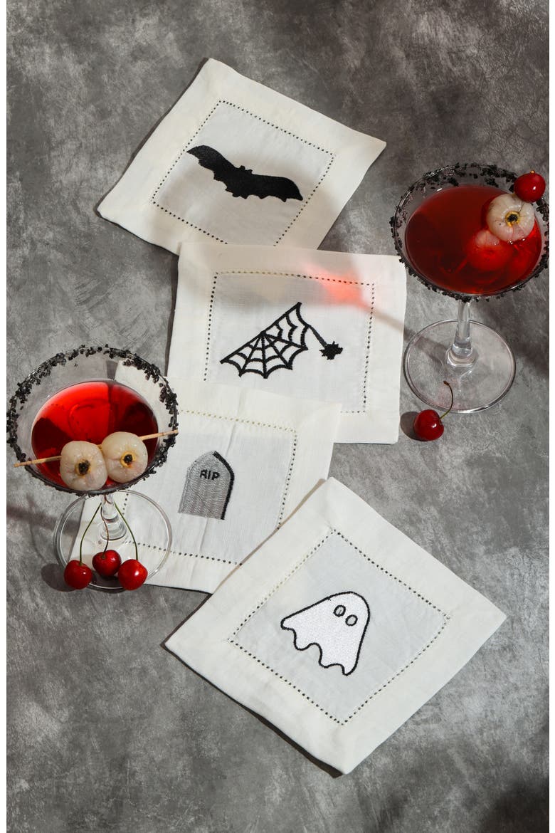 Deadly Drinks Embroidered Linen Cocktail Napkins, Alternate, color, BLACK/ BLACK/ GOLD