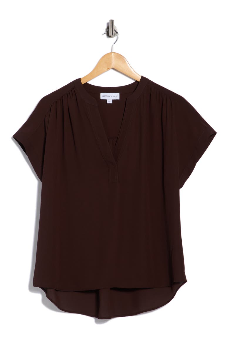 V-Neck Popover Top, Alternate, color, DARK CHOCOLATE