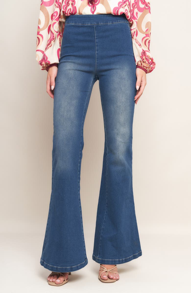 FLYING TOMATO Washed Stretch Denim Flare Pants, Main, color, 