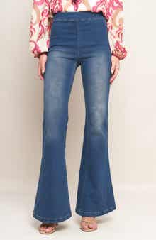FLYING TOMATO Washed Stretch Denim Flare Pants
