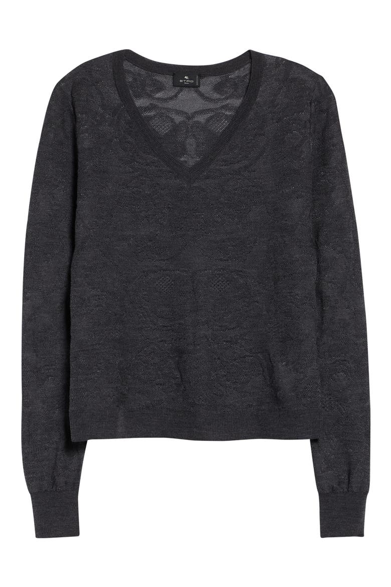 Paisley Jacquard Wool Blend V-Neck Sweater, Alternate, color, GREY MELANGE