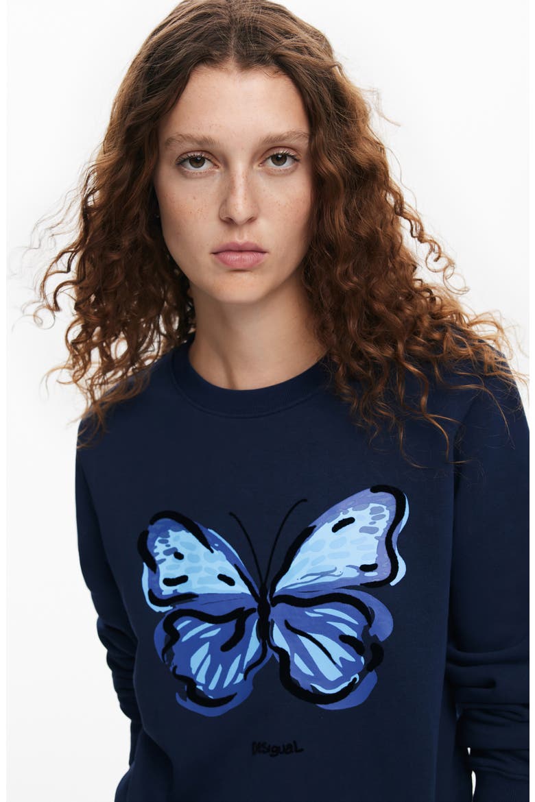 Butterfly Crewneck Cotton Sweatshirt, Alternate, color, BLUE