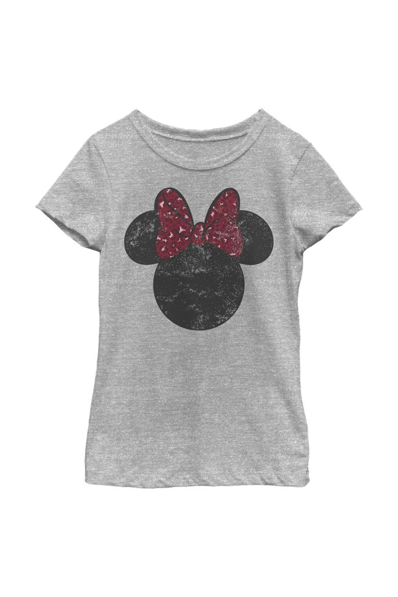 Girl's Mickey & Friends Minnie Mouse Distressed Leopard Bow  Graphic T-Shirt, Main, color, Athletic Heather