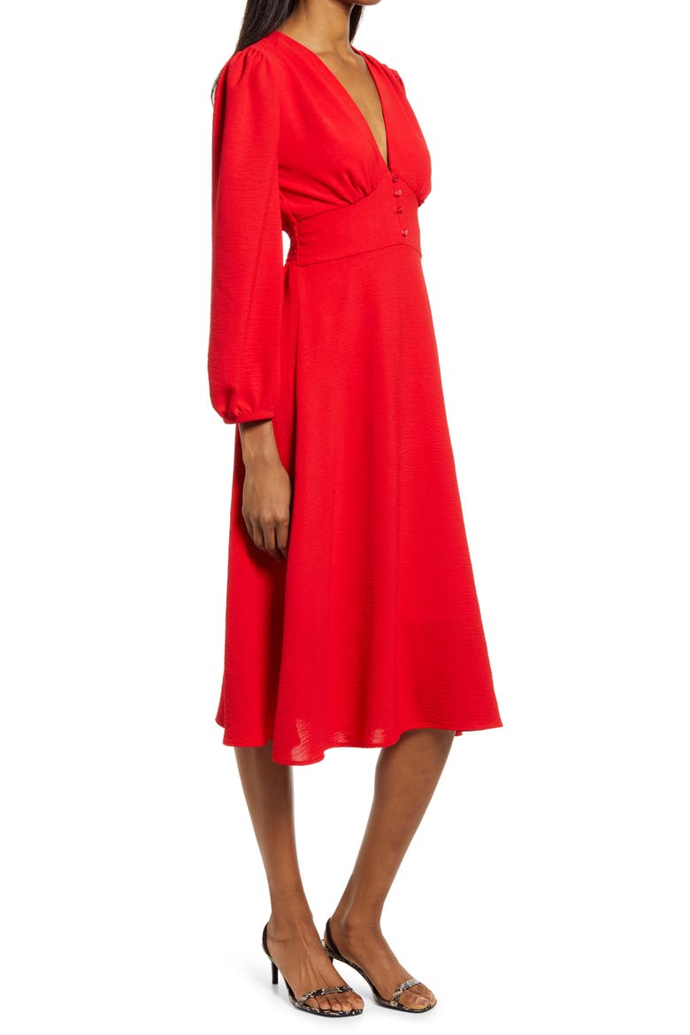 Empire Waist Long Sleeve Midi Dress, Alternate, color, RED
