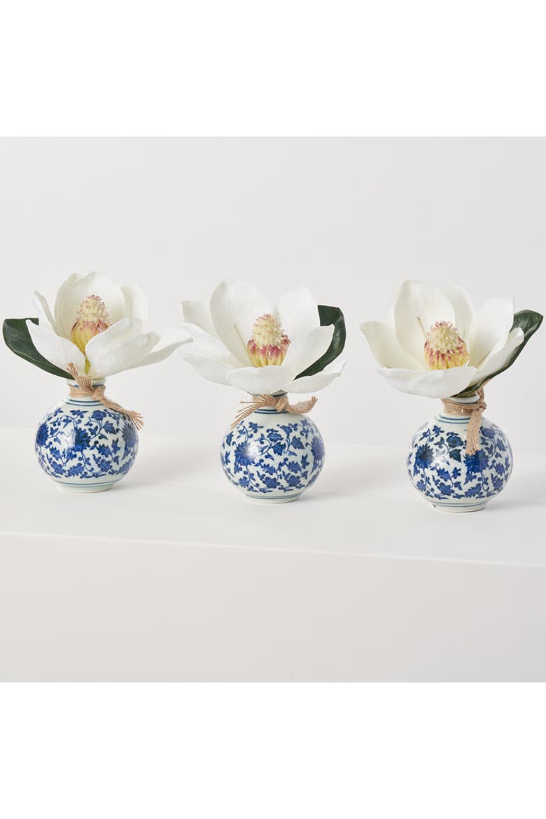 White Magnolia Bloom in Blue & White Chinoiserie Bud Vase Holiday Everyday Christmas Decor, Main, color, White