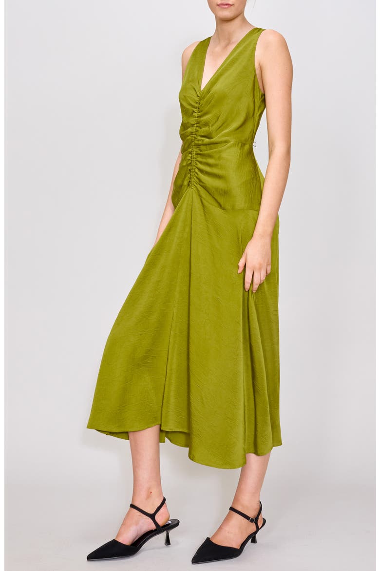 Ruched Drop Waist Satin Midi Dress, Alternate, color, OLIVE
