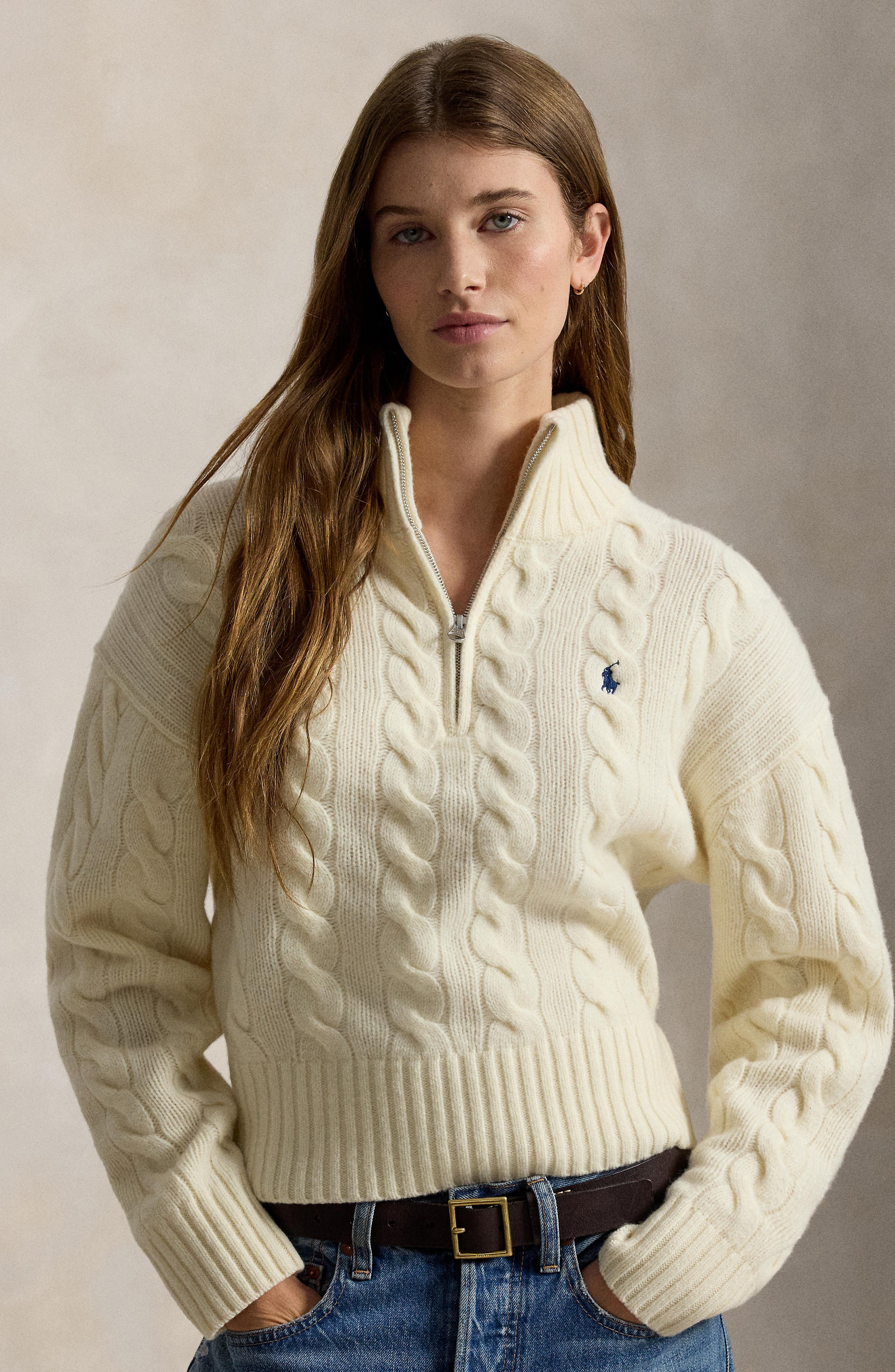 Polo Ralph Lauren Cable Wool & Cashmere Half-Zip Sweater (Women