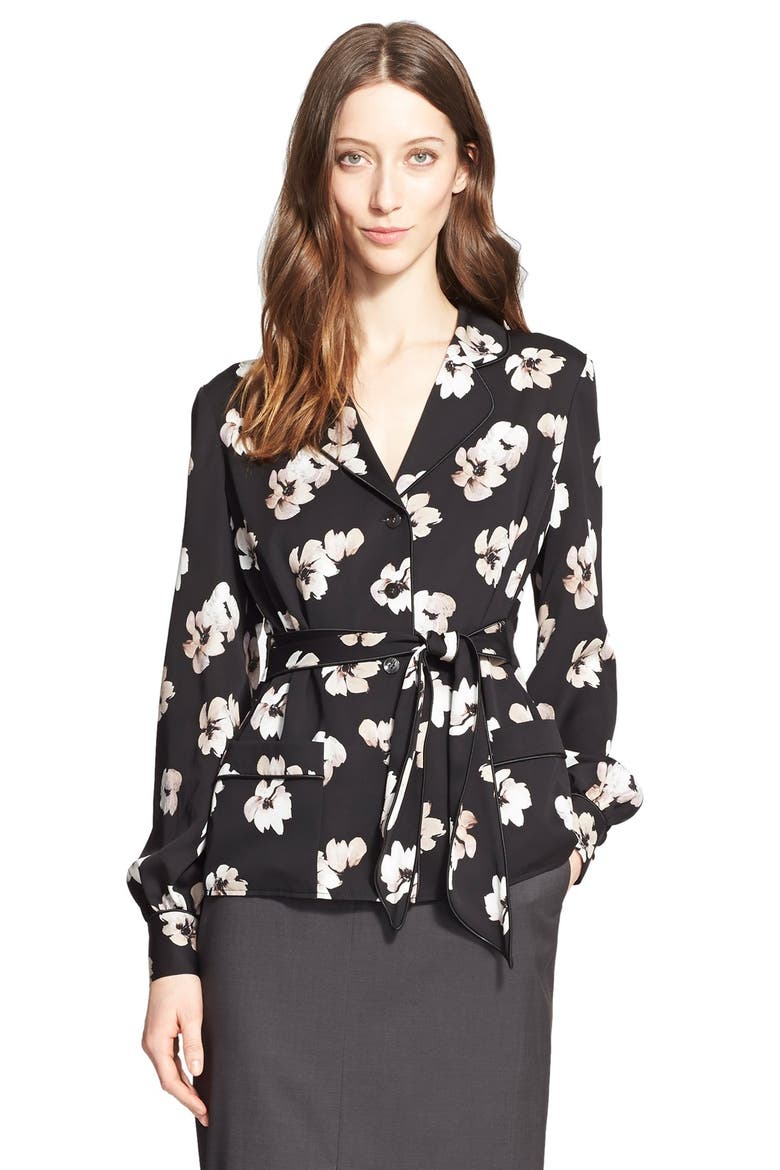 Floral Print Silk Twill Blazer, Main, color, BLACK FLORAL MOTIF PRINT