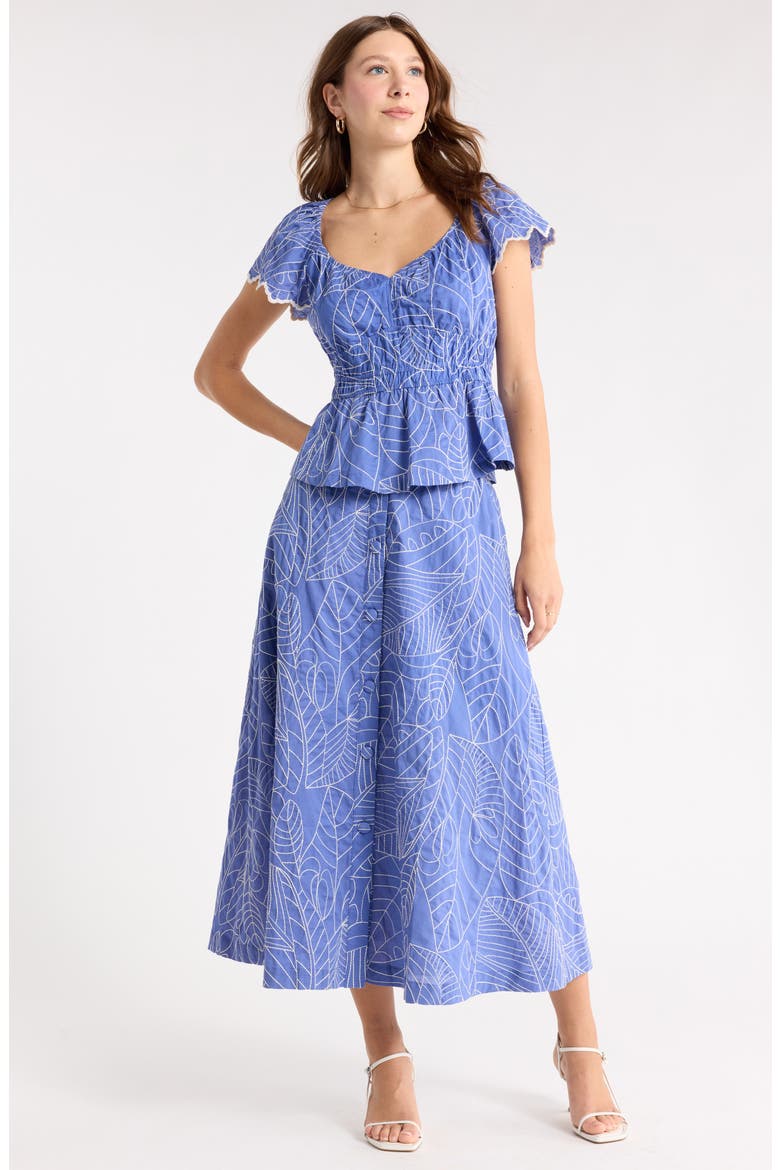 Short Sleeve Smocked Waist Top, Alternate, color, BLUE-WHITE LEAF EMBR