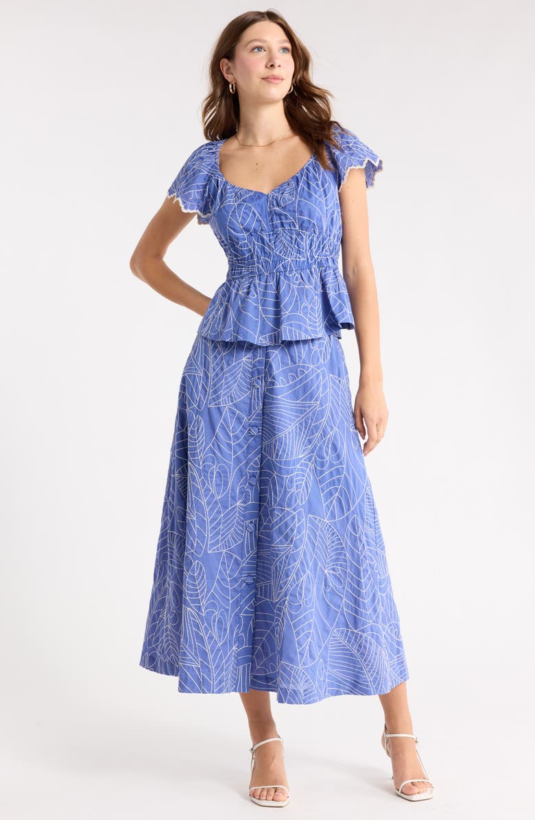 1901 Short Sleeve Smocked Waist Top, Alternate, color, Blue-White Leaf Embr