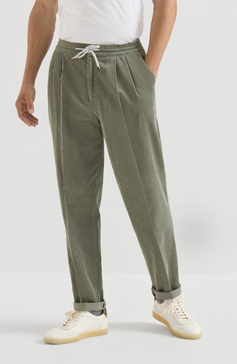 Garment-dyed trousers in cotton narrow wale corduroy with drawstring and double pleats