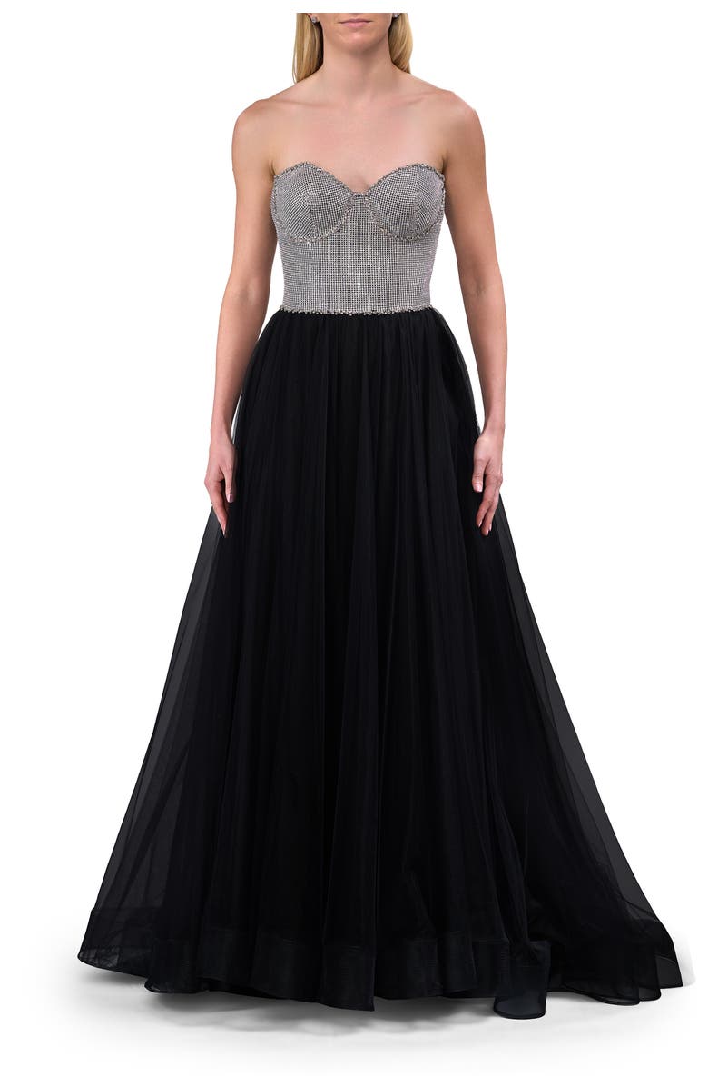 La Femme Unique Rhinestone Top with Tulle Skirt Prom Dress, Main, color, Black