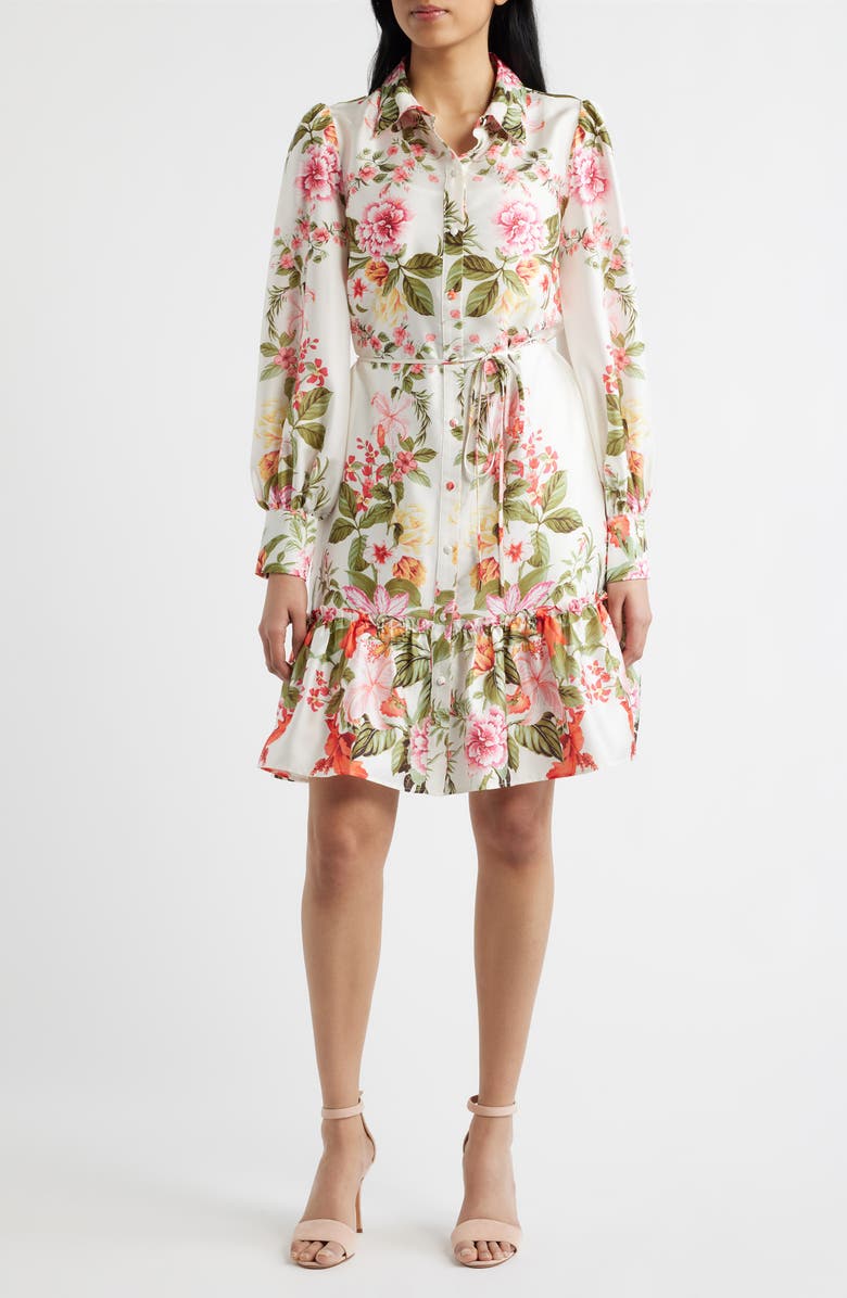 Julia Jordan Floral Long Sleeve Tie Belt Shirtdress, Main, color, Ivory Multi