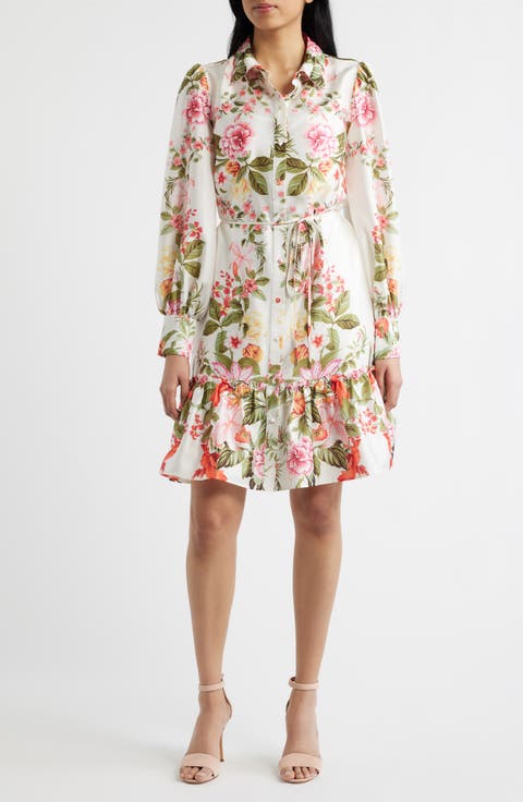 Floral Long Sleeve Tie Belt Shirtdress