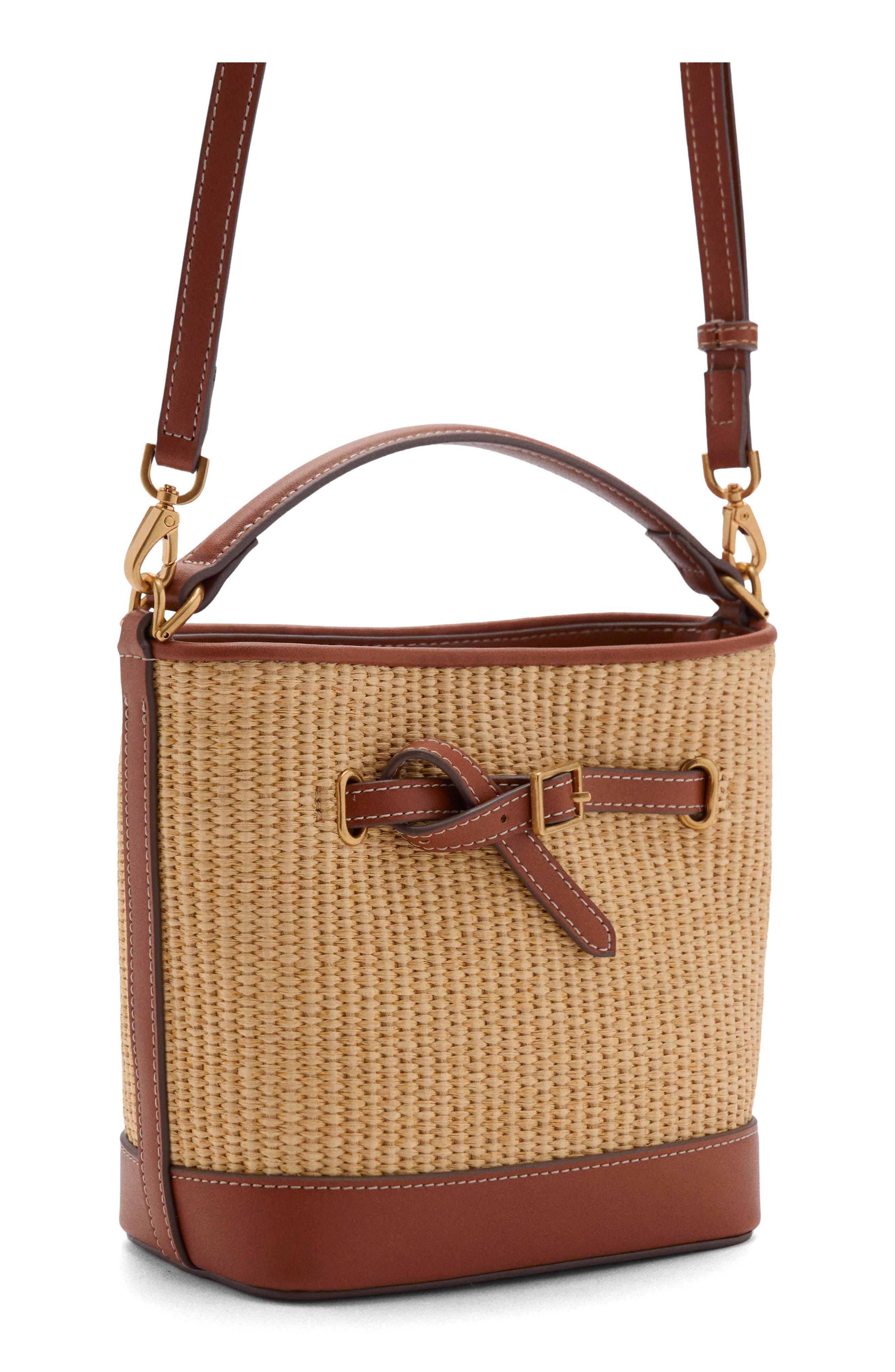 MANGO Canvas & Faux Leather Bucket Bag, Alternate, color, 