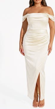 Popilush Liquid Metallic Fabric Off Shoulder Shine Ruched Sculpting Maxi Shapewear Dress