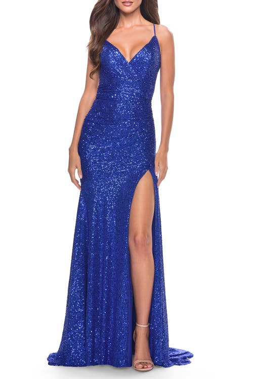 La Femme Long Sequin Gown With Dramatic Flare Skirt And Slit