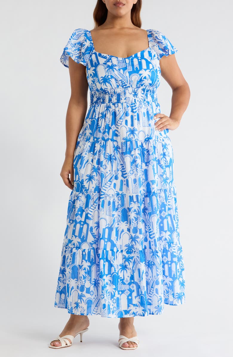 SUGARLIPS Nala Tiered Smocked Maxi Sundress, Main, color, White-Blue