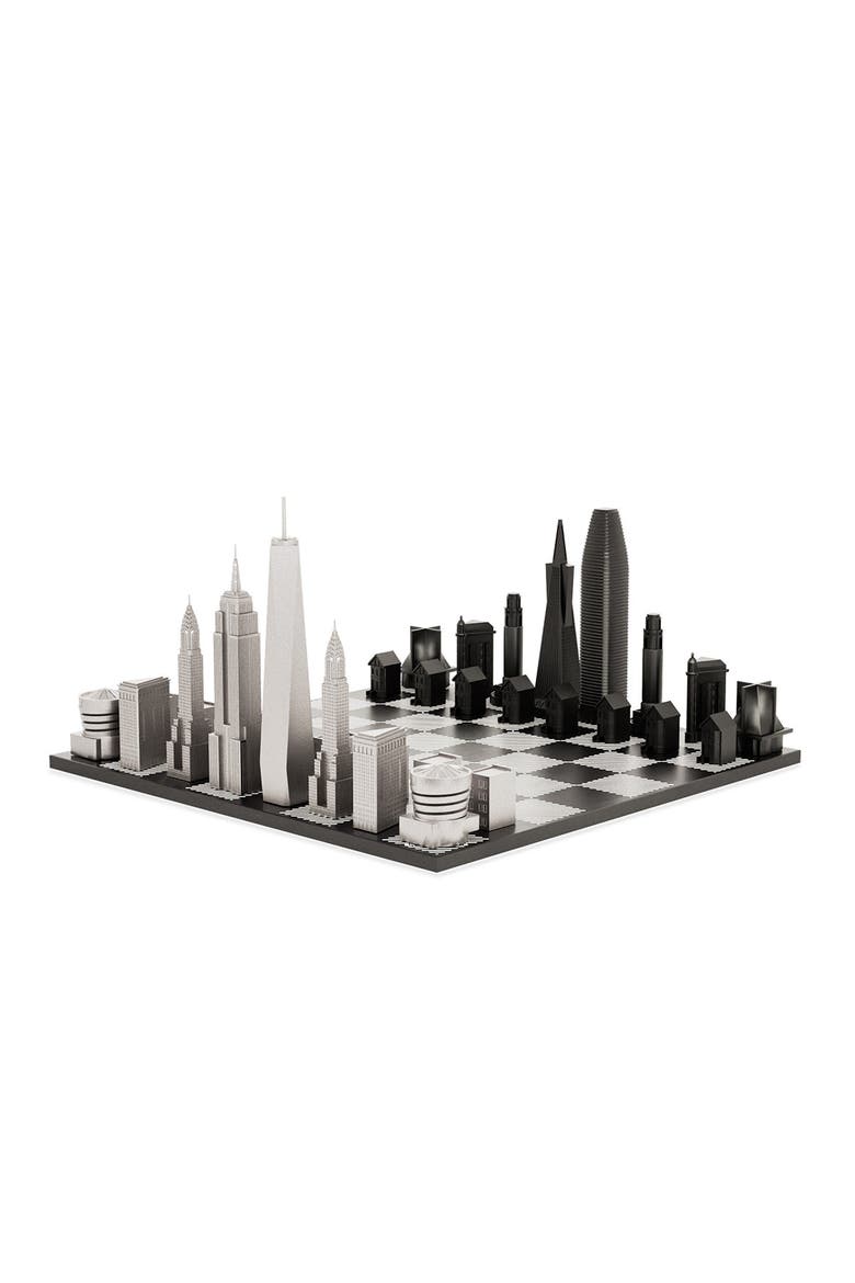 Chess Set Stainless Steel NEW YORK vs SAN FRANCISCO with B/W Hatch Board, Main, color, Black