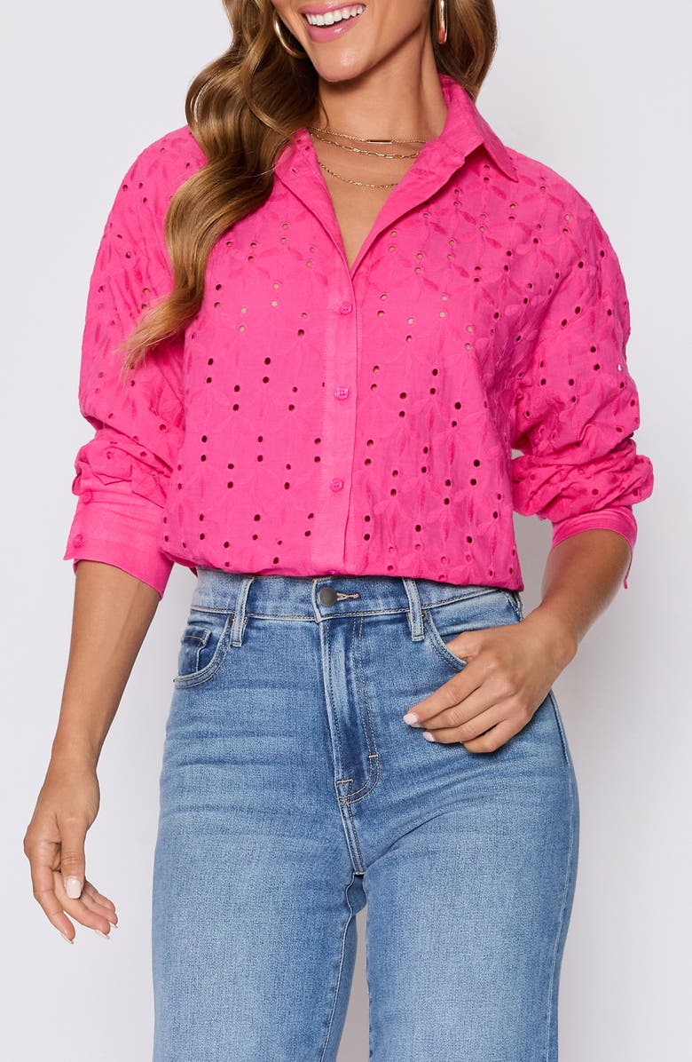 VICI Collection Garden Stroll Floral Eyelet Button-Up Shirt, Main, color, Pink