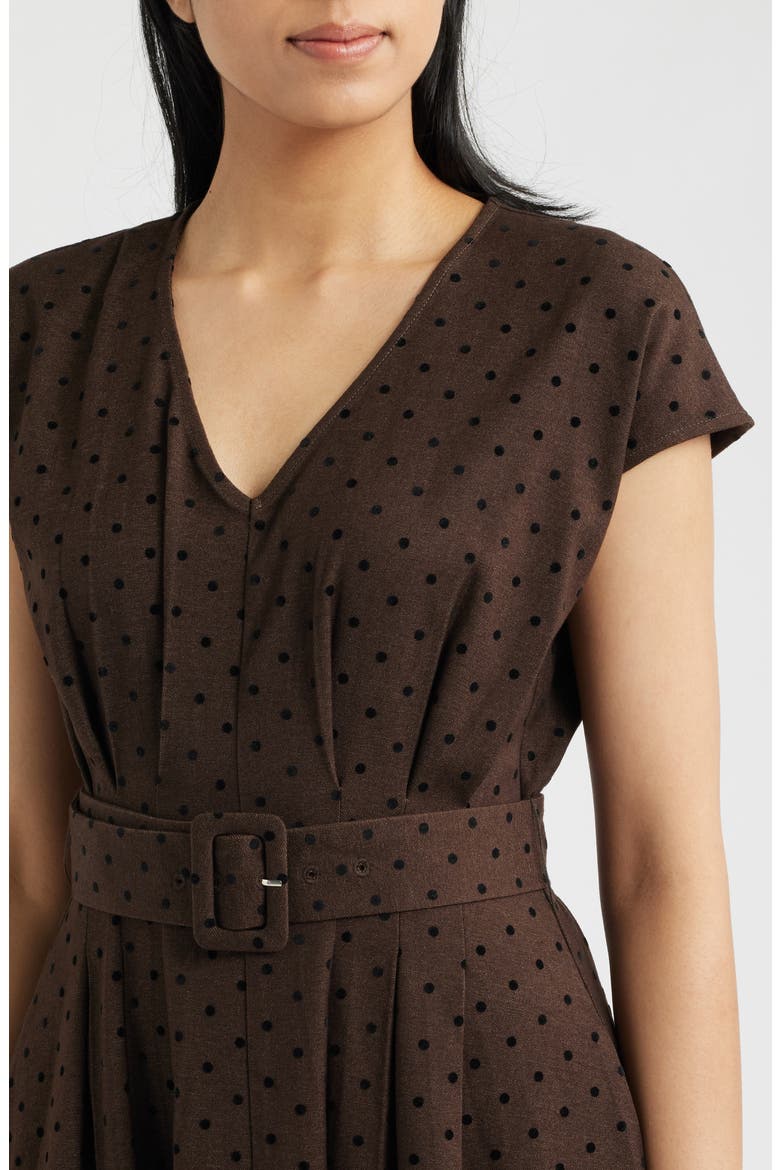Dot Belted Midi Dress, Alternate, color, BROWN