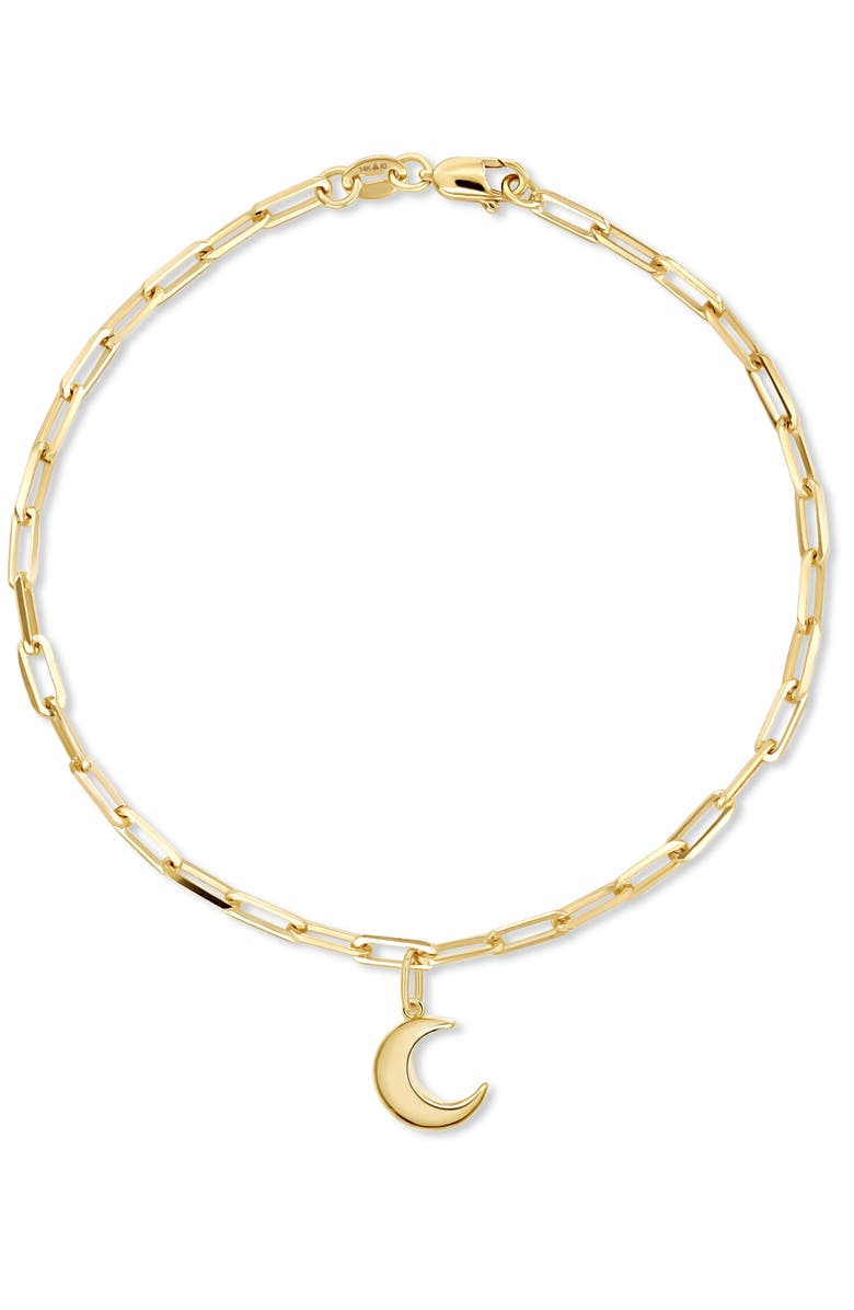 DEVATA Crescent Moon Charm with Paperclip Chain Bracelet in 14K Gold, 7.5", Main, color, Yellow Gold