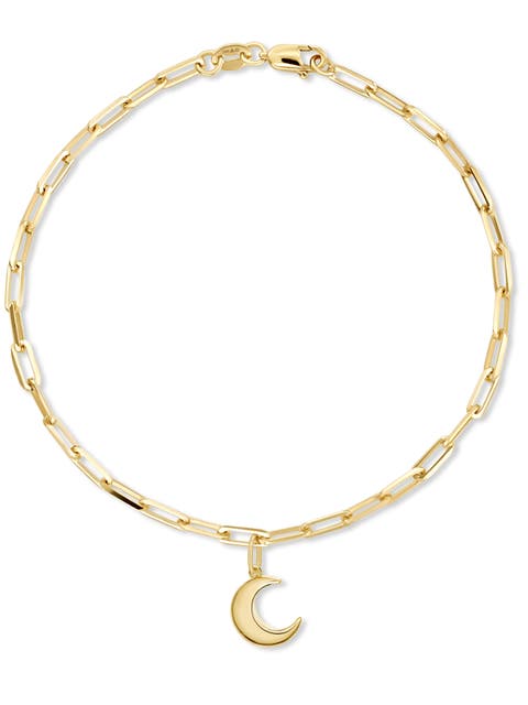 Crescent Moon Charm with Paperclip Chain Bracelet in 14K Gold, 7"