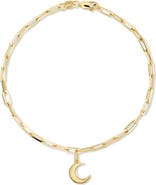 DEVATA Crescent Moon Charm with Paperclip Chain Bracelet in 14K Gold, 7.5"