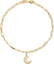 DEVATA Crescent Moon Charm with Paperclip Chain Bracelet in 14K Gold, 7.5"