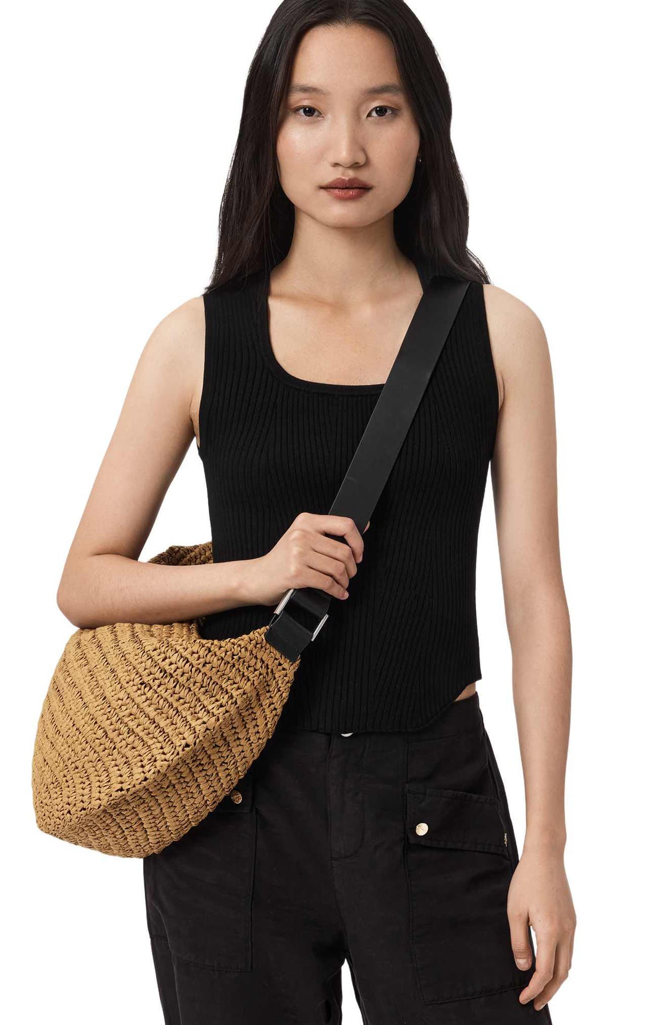 AllSaints Luna Woven Straw Shoulder Bag, Alternate, color, Biscuit Brown
