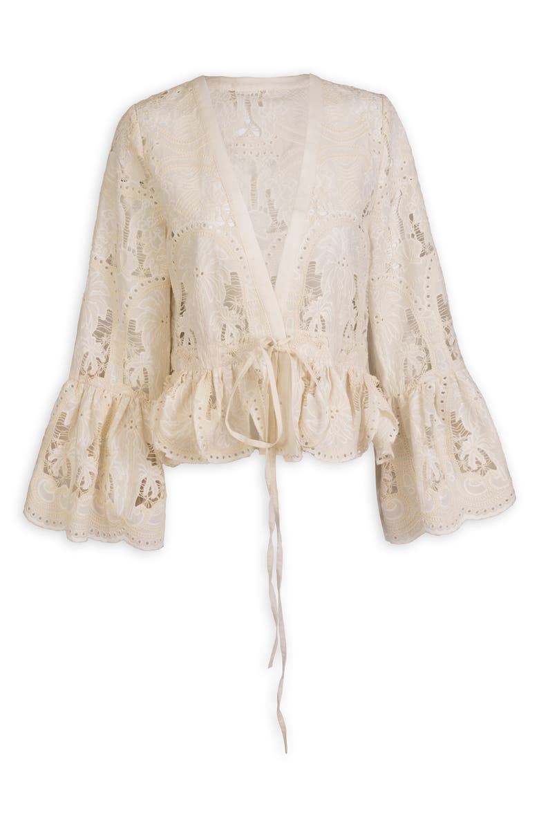 SAACHI Embroidered Eyelet Tie Front Ruffle Top, Alternate, color, Ivory