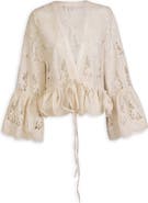 SAACHI Embroidered Eyelet Tie Front Ruffle Top