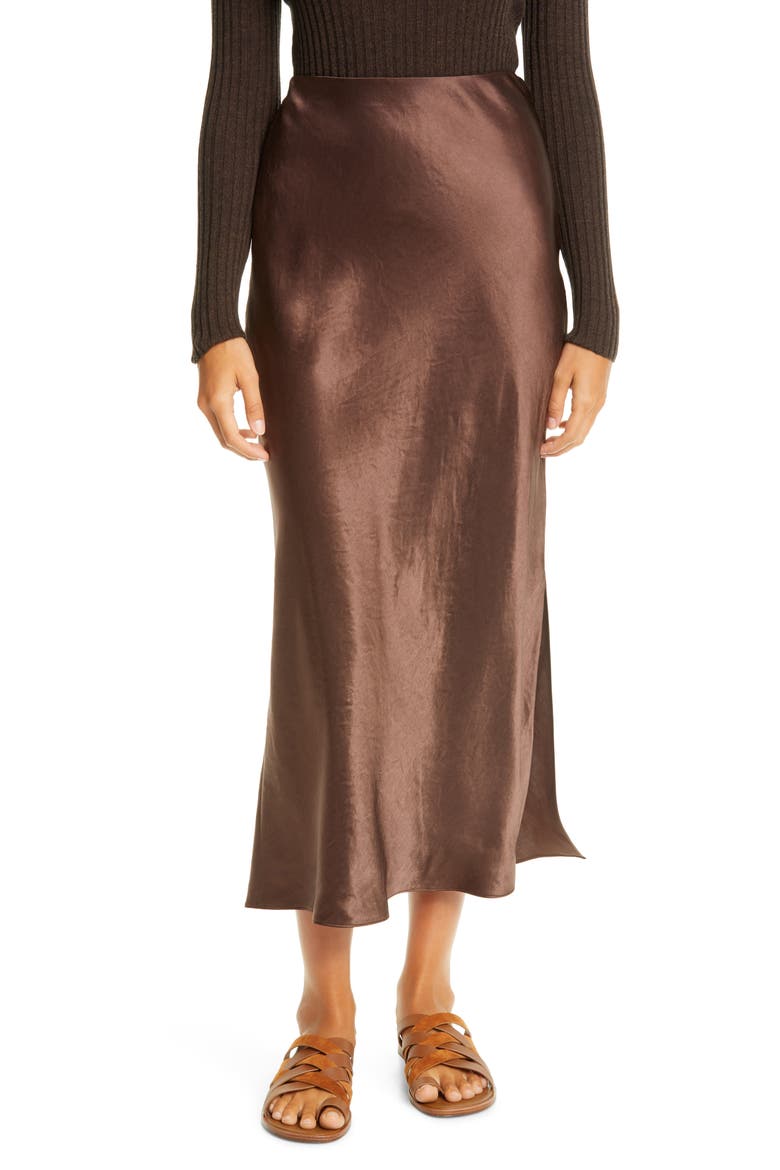 Side Slit Slip Midi Skirt, Main, color, BROWN STONE