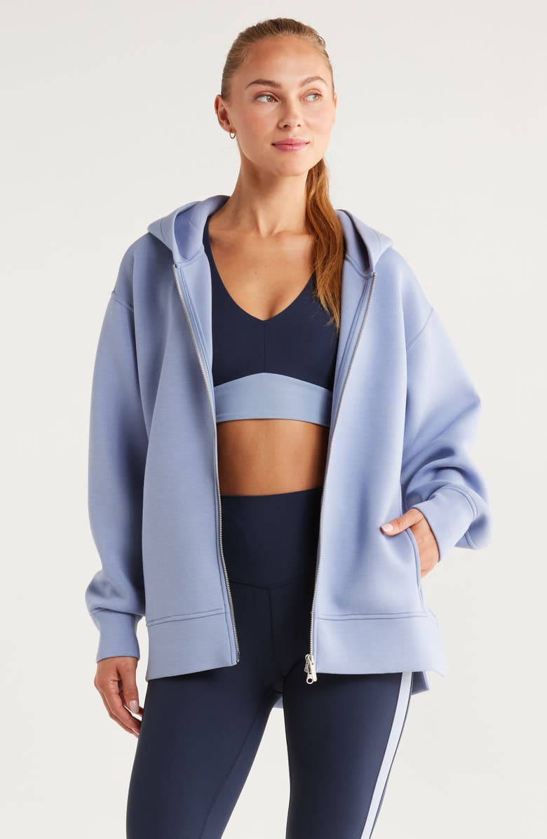 Zella Relaxed Fit High-Low Zip Hoodie, Main, color, Blue Tempest