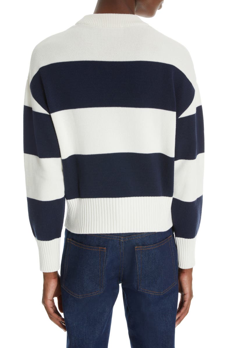 AMI PARIS Rugby Stripe Ami de Coeur Embroidered Organic Cotton & Wool Sweater, Alternate, color,