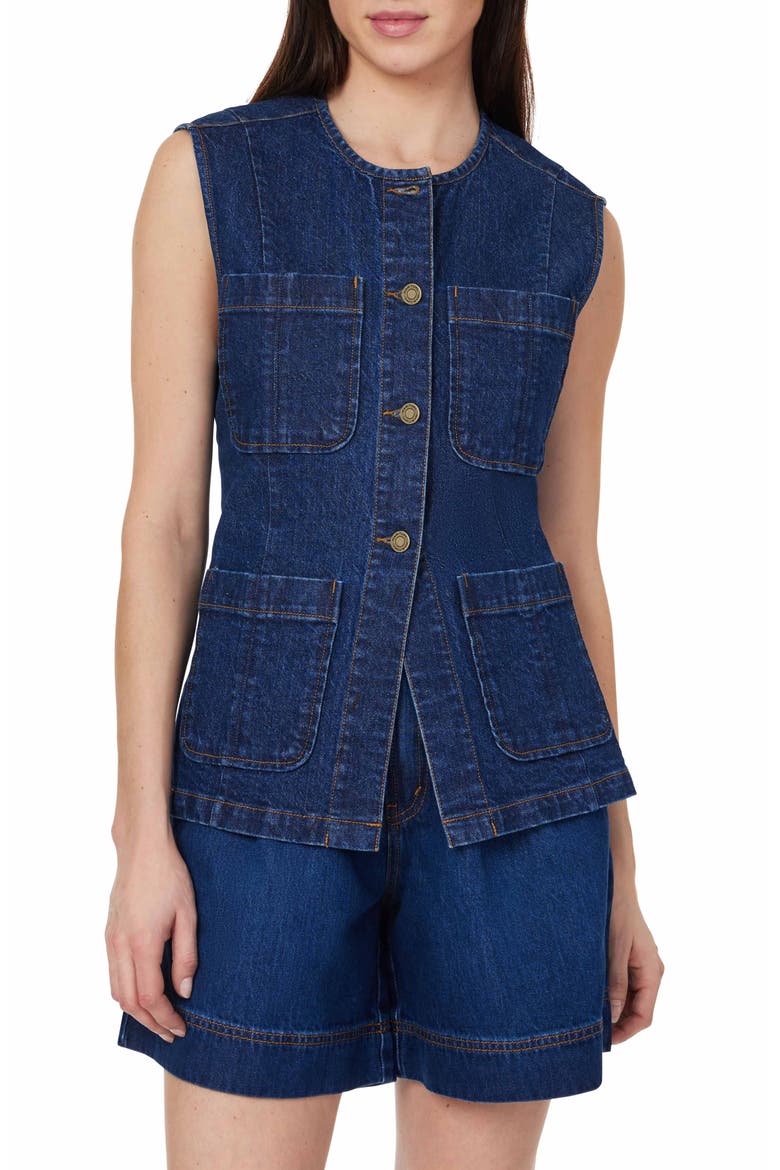 Collarless Denim Vest, Main, color, DEEP RIVER