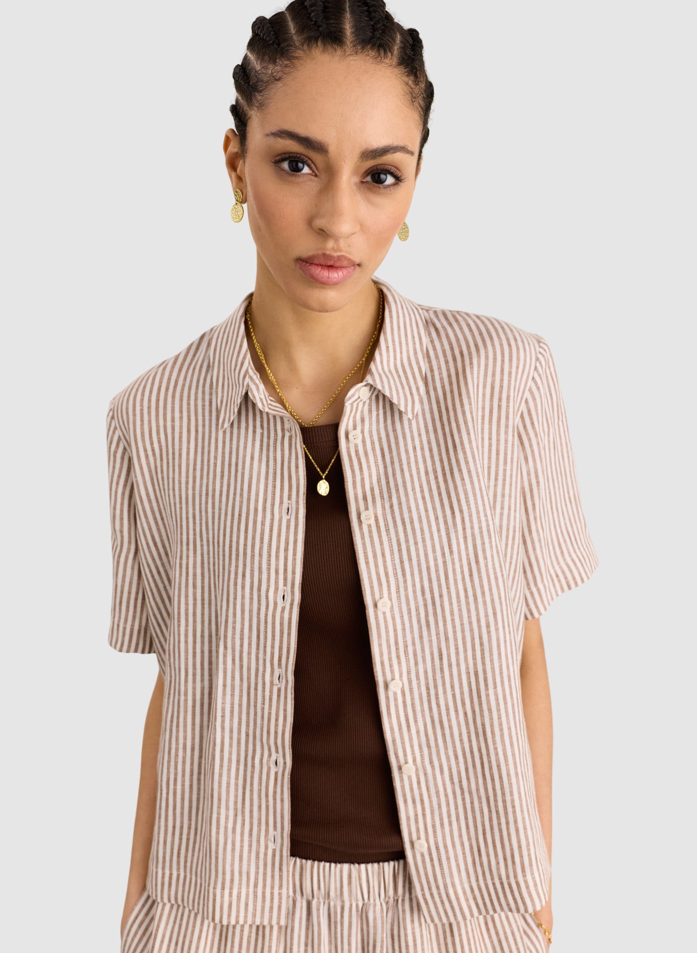 Baukjen Clyde Linen Short Sleeve Shirt In Chocolate Stripe
