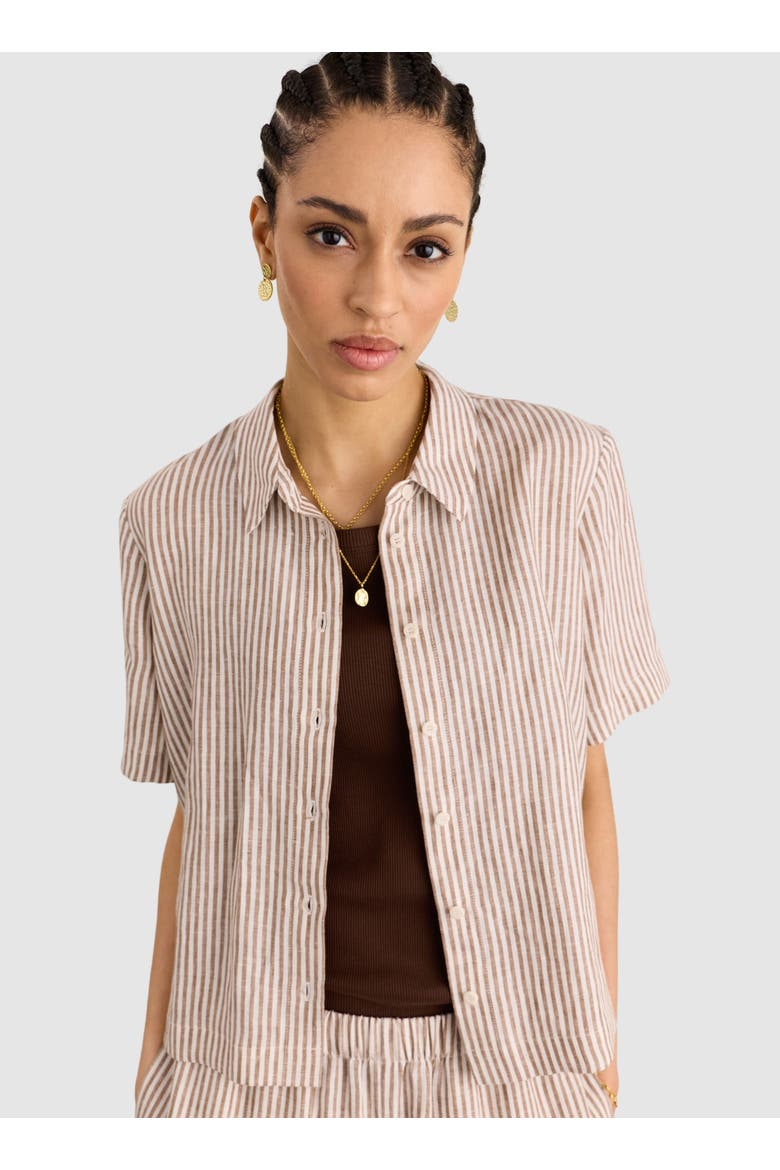 Clyde Linen Short Sleeve Shirt, Main, color, Chocolate Stripe