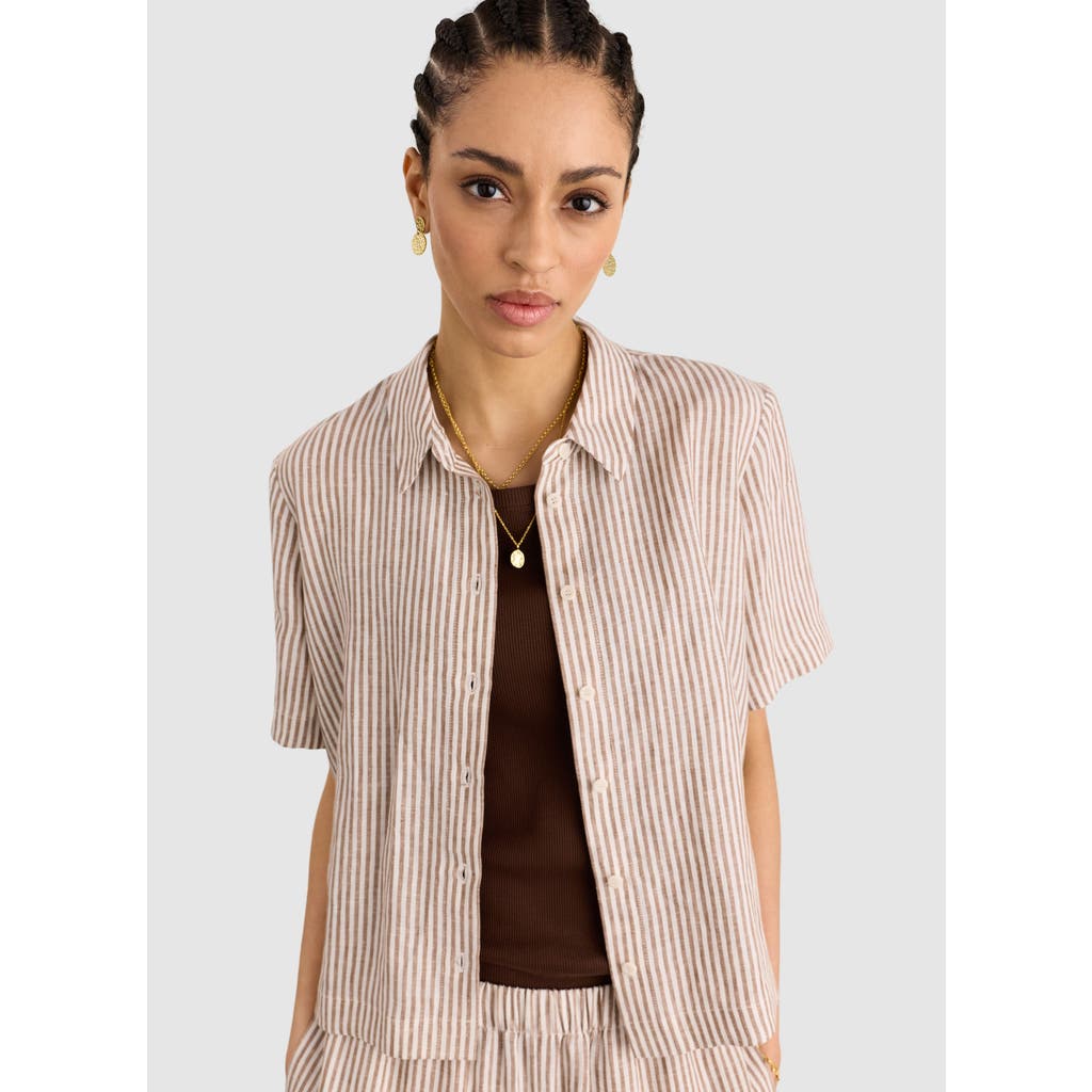 Baukjen Clyde Linen Short Sleeve Shirt In Chocolate Stripe