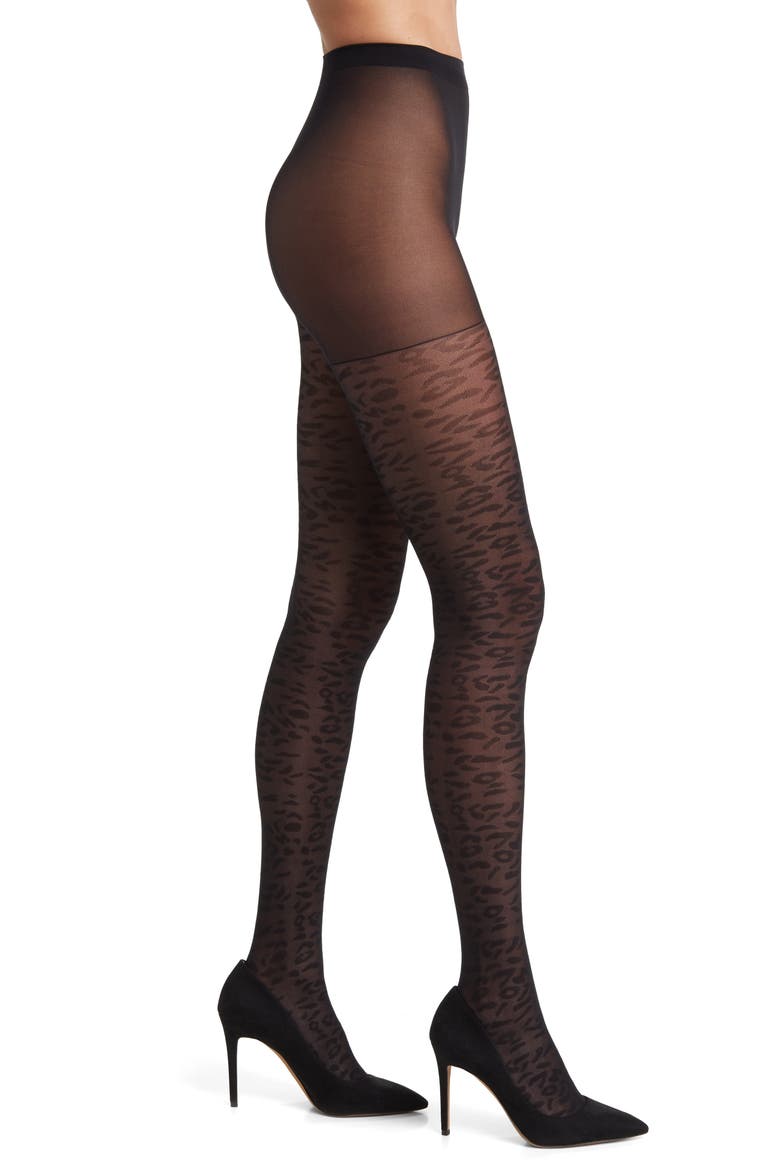 Jacquard Animal Texture Tights, Main, color, BLACK