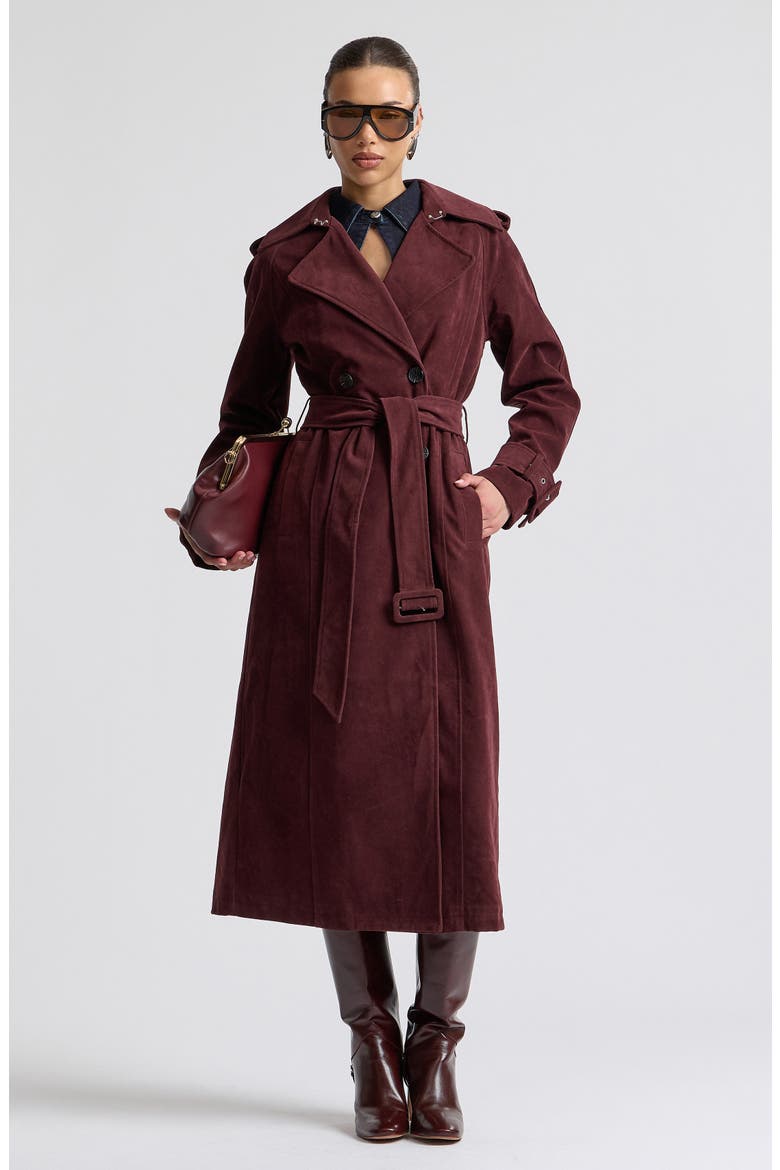 Double Breasted Faux Suede Trench Coat, Alternate, color, BLACKBERRY