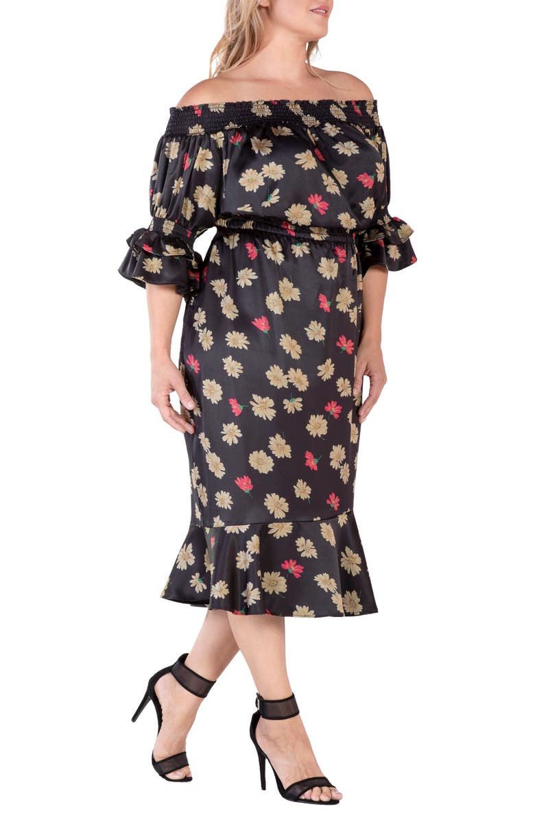 Standards & Practices Floral Off the Shoulder Midi Dress, Alternate, color, Black Sparkler