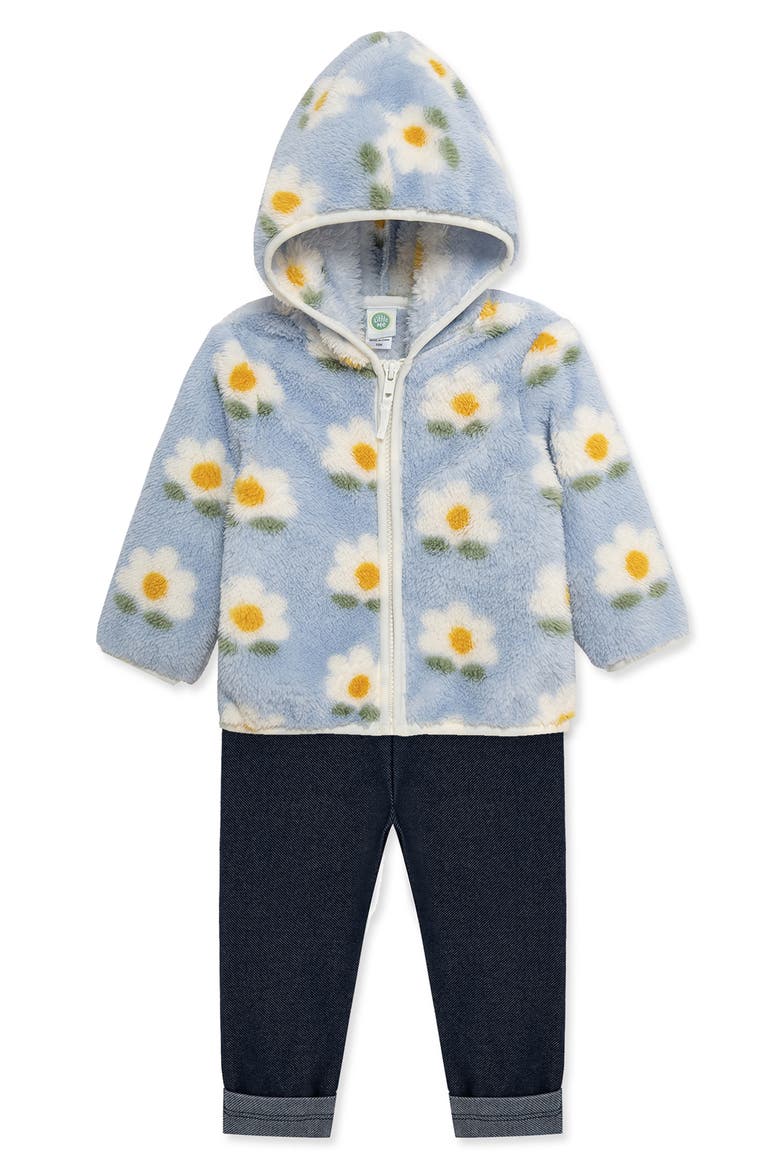 Floral High Pile Fleece Jacket, T-Shirt & Knit Jeans Set, Alternate, color, BLUE