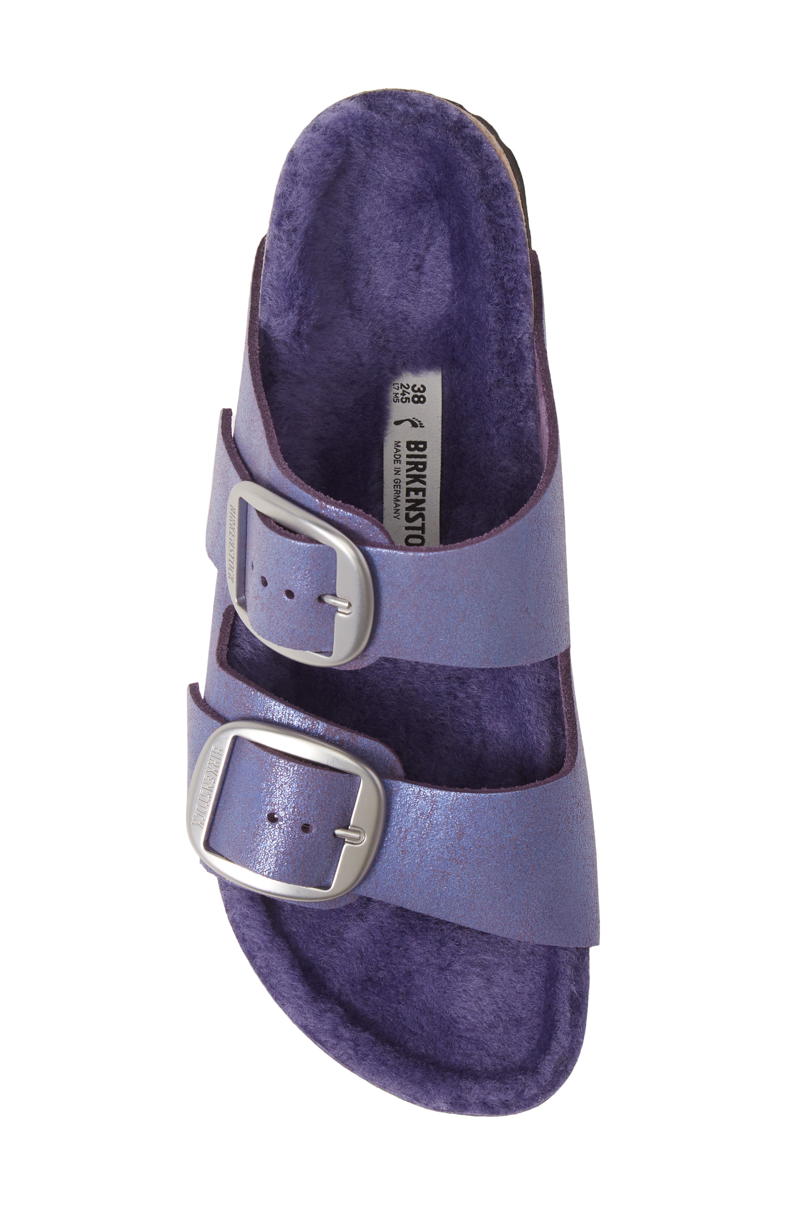 Perfect Pairs Arizona Big Buckle Sandal with Genuine Shearling Lining, Alternate, color, WASHED METALLIC VIOLET LEATHER